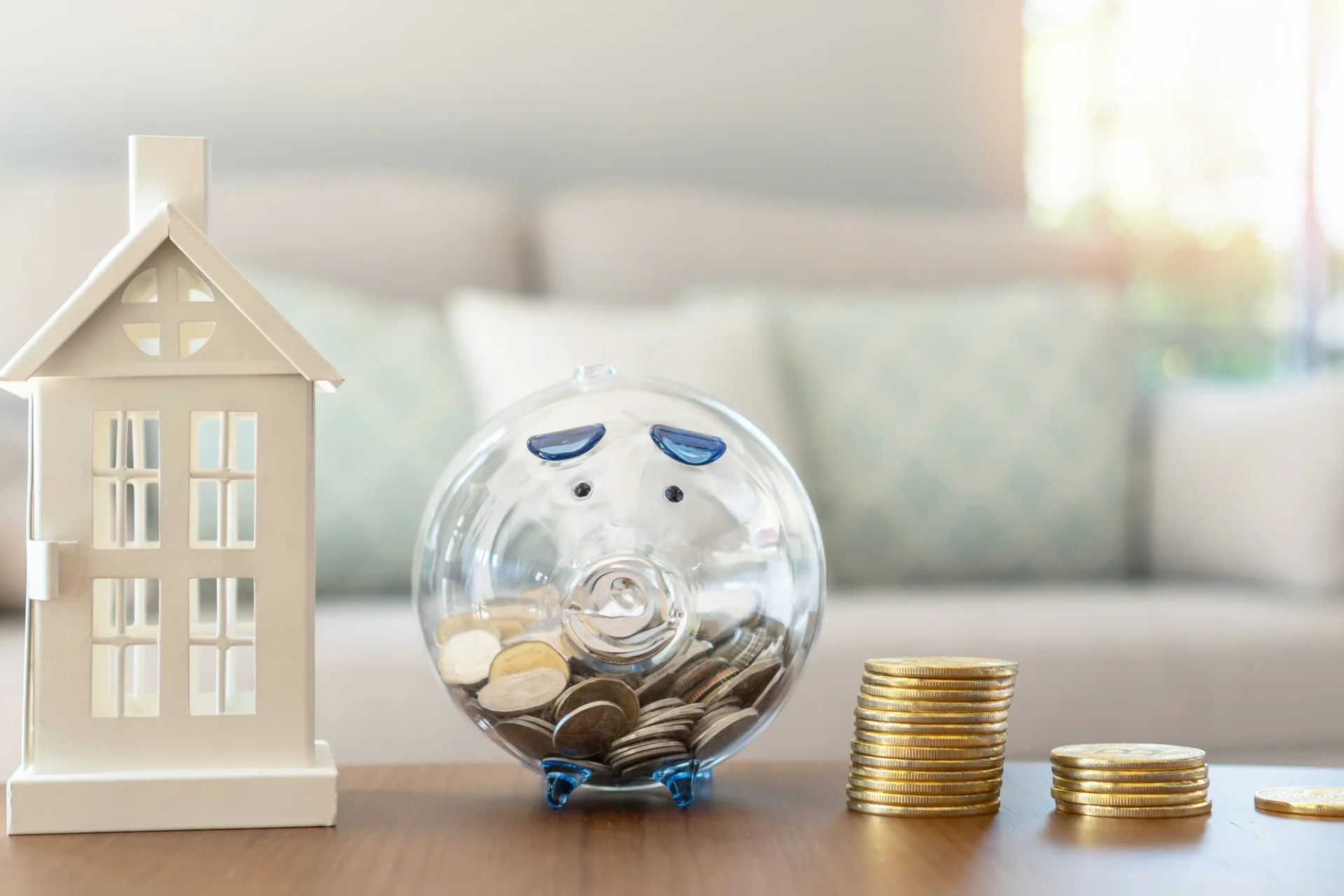 Piggy bank, coins, and house model.