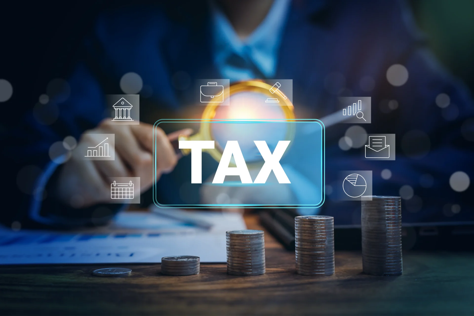 Tax concept with coins and financial icons.