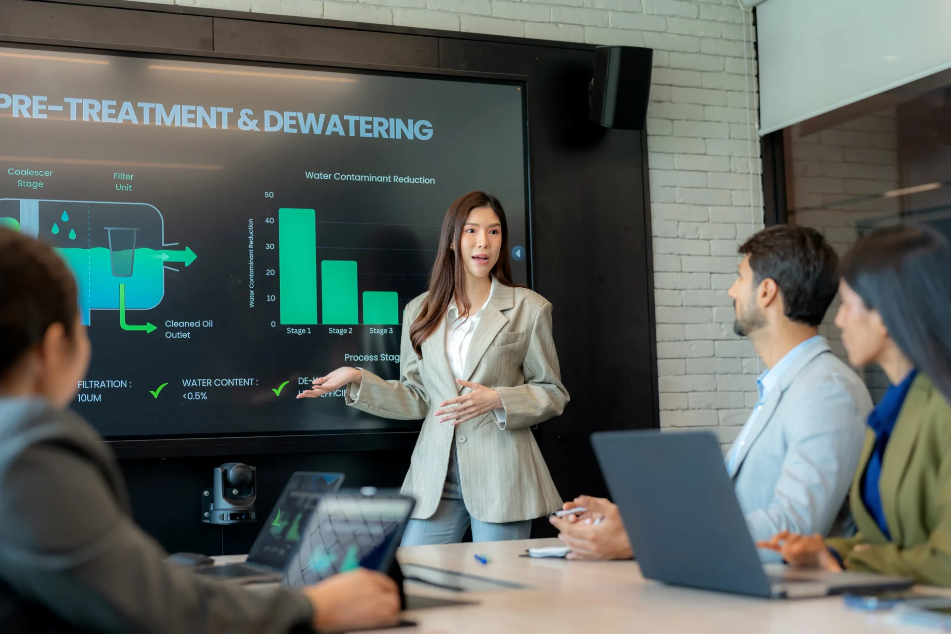 Woman presenting data to colleagues in meeting.