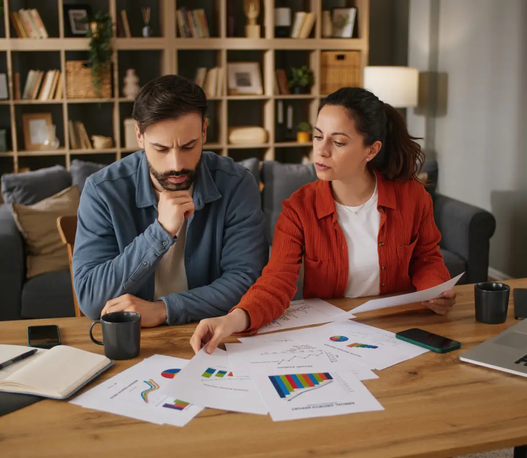 Couple reviewing documents at wooden table.
